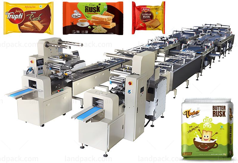 Automatic Bread Hamburger Bun Rusk Biscuit Horizontal Food Flow Packing Line